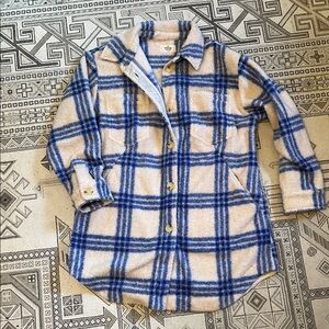 Marine Layer Blue and Cream Plaid Teddy Shirt Jacket